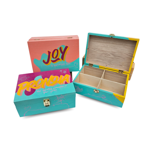 Hand-painted wooden boxes with colorful lettering reading "joy," "pronoia. Designed with bold, vibrant sign-painting styles