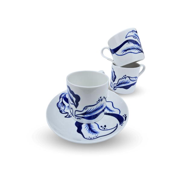 Hand-painted espresso cup and saucer set in Dutch Blue Delf style, minimalistic and elegant.