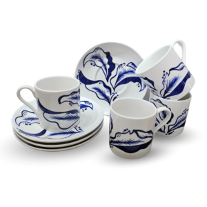 Hand-painted espresso cup and saucer set in Dutch Blue Delf style, minimalistic and elegant